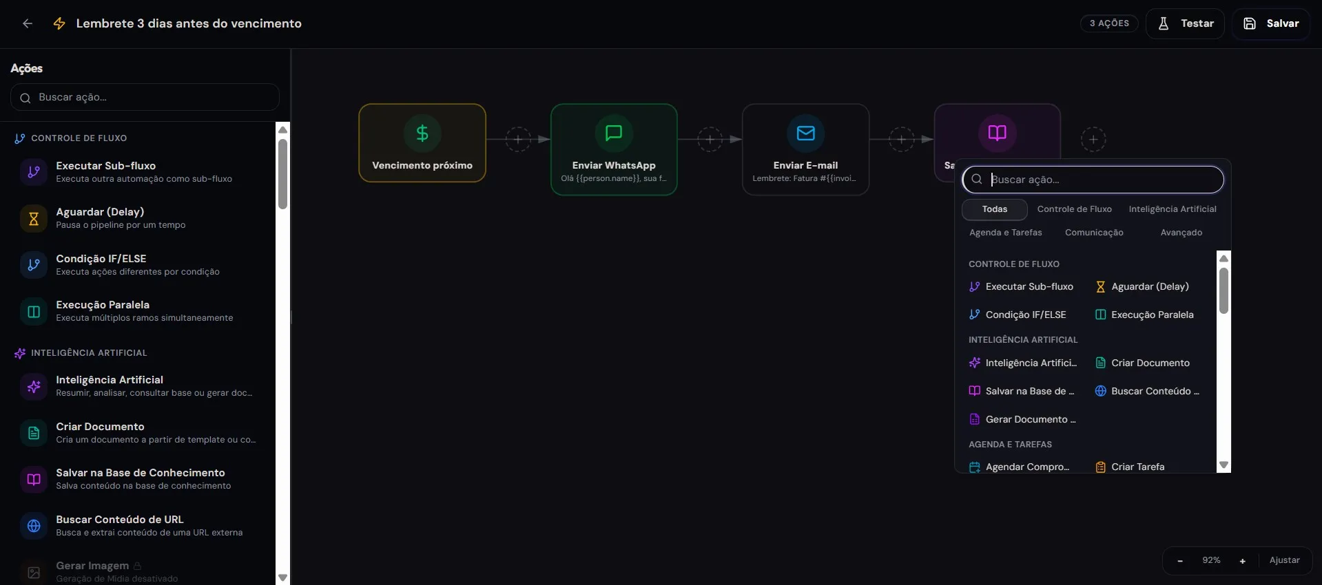 Construtor visual de automações do Sistema LUVA CRM