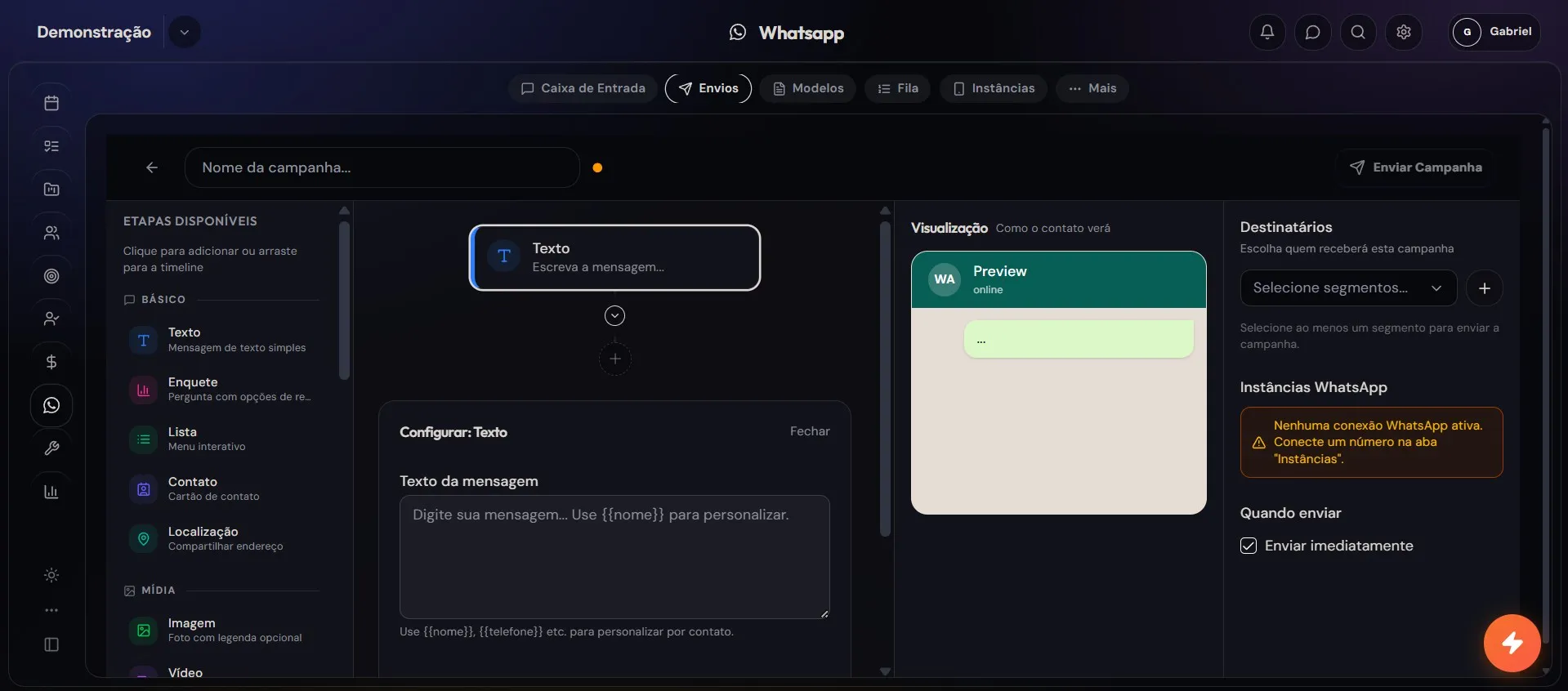 Campanha segmentada de WhatsApp no Sistema LUVA CRM